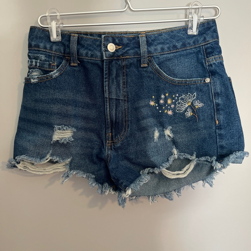 NOBO Blue Distressed Embroidered Denim Shorts 7